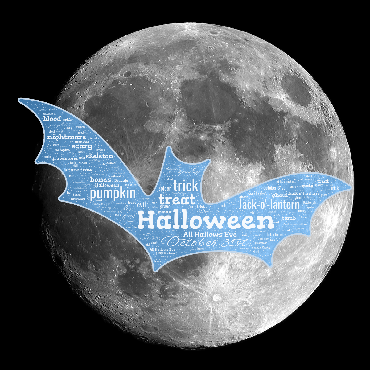 Word cloud in a Bat shape with 31 words like Halloween, October 31st and trick in white and blue.