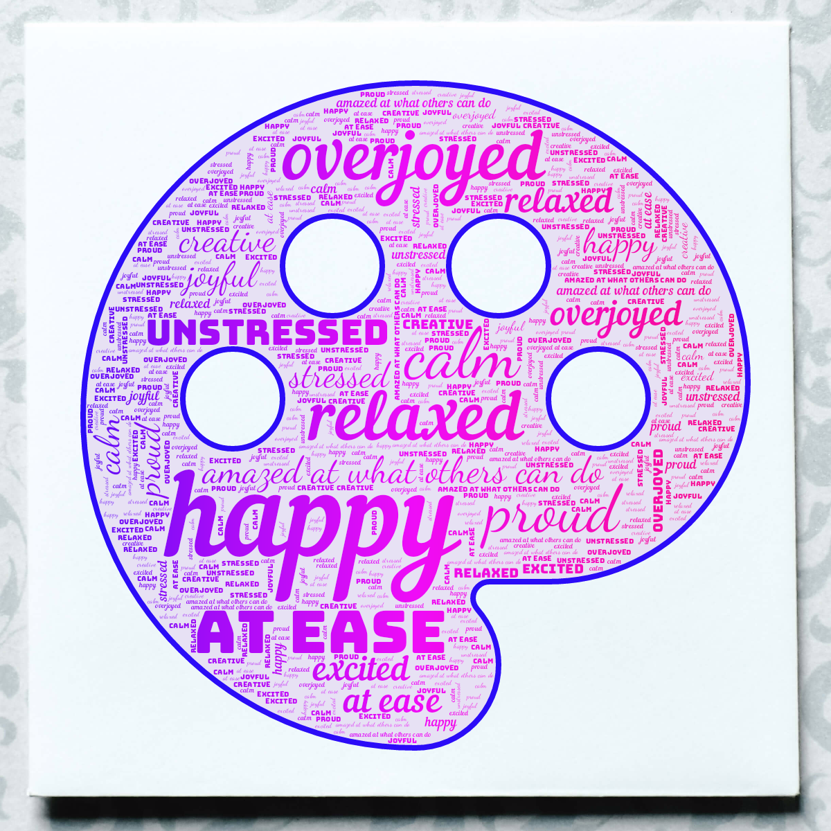 Word cloud in an Art Palette shape with 12 words like happy, overjoyed and relaxed in blue, purple and pink.