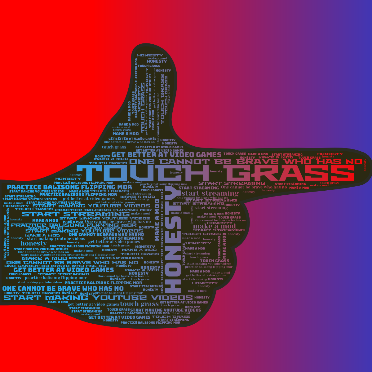 Word cloud in a Hand Point shape with 8 words like touch grass, honesty and One cannot be brave who has no in multicolor.