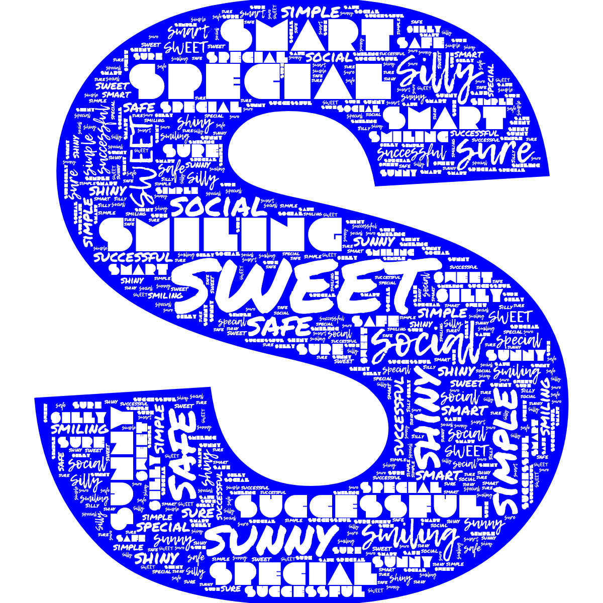 Word cloud in the shape of the letter S with 12 words like SWEET, special and sunny in white and blue.