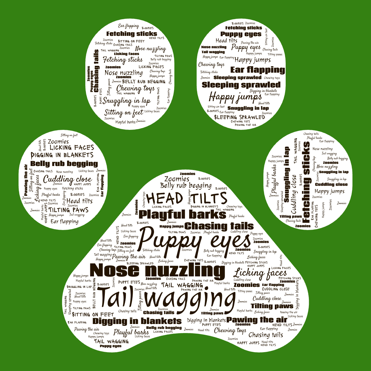 Word cloud in a Paw Print shape with 20 words like Tail wagging, Puppy eyes and Nose nuzzling in orange, green and white.