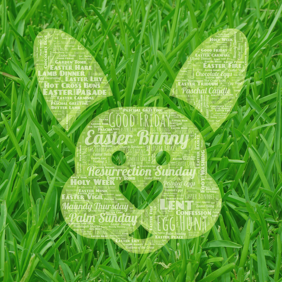Word cloud in an Easter Bunny shape with 49 words like Easter Bunny, Egg Hunt and Good Friday in white and yellow.