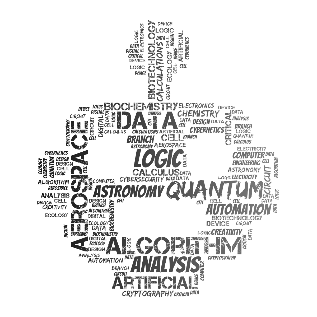 Word cloud in a Robot Face shape with 30 words like Quantum, Algorithm and Data in black and white.