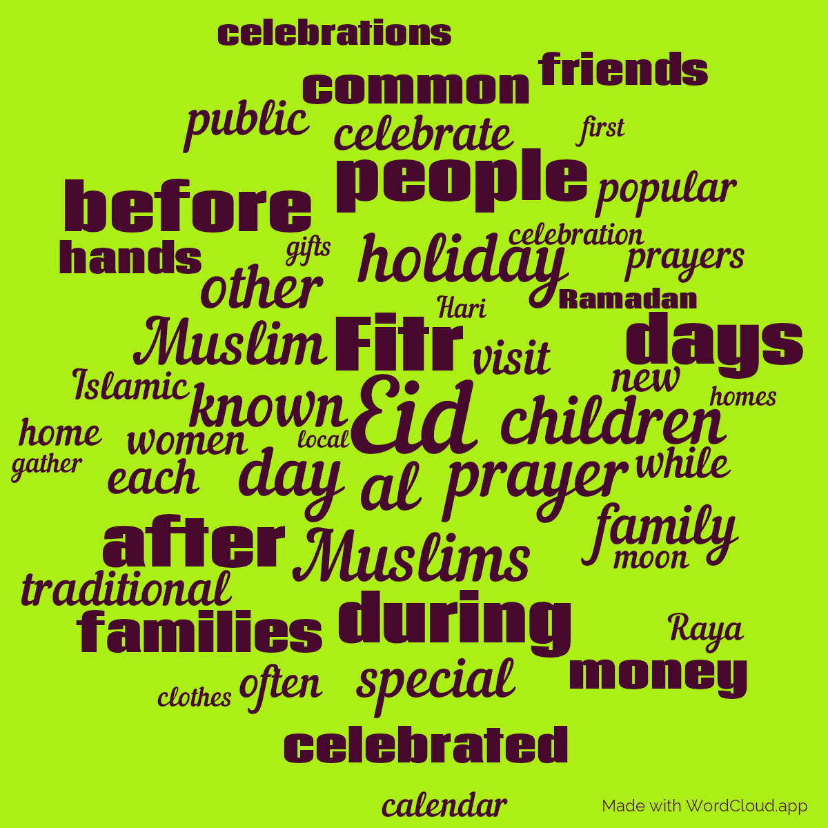 Word cloud with 50 words like Eid, al and Fitr in pink and green.