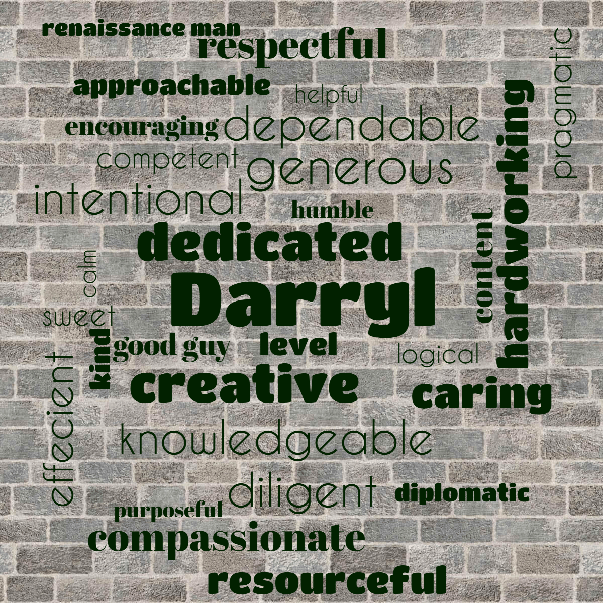 Word cloud with 30 words like Darryl, dedicated and creative in black.