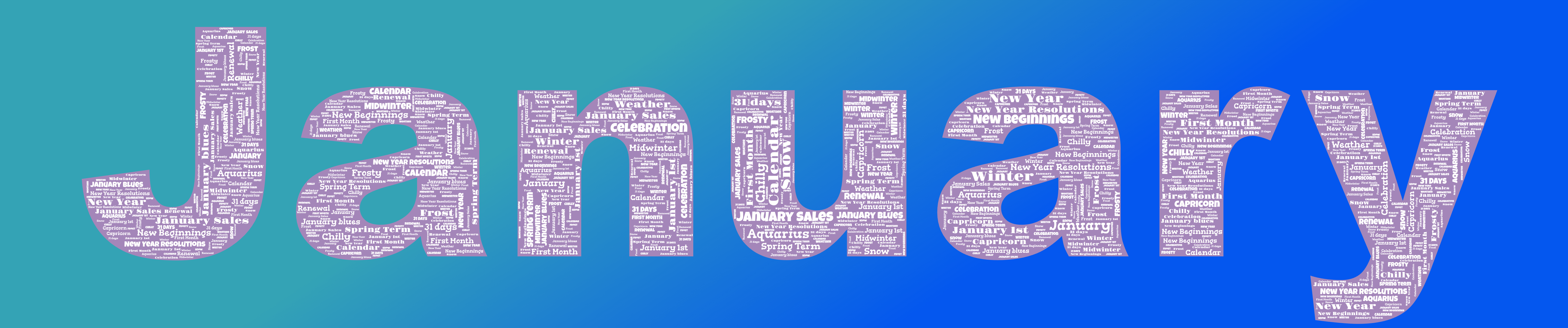 Word cloud in the shape of the word January with 22 words like January, Winter and New Year in white, blue and purple.