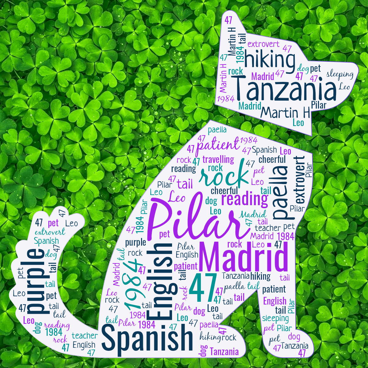 Word cloud in a Dog shape with 24 words like Pilar, Madrid and Tanzania in purple and blue.