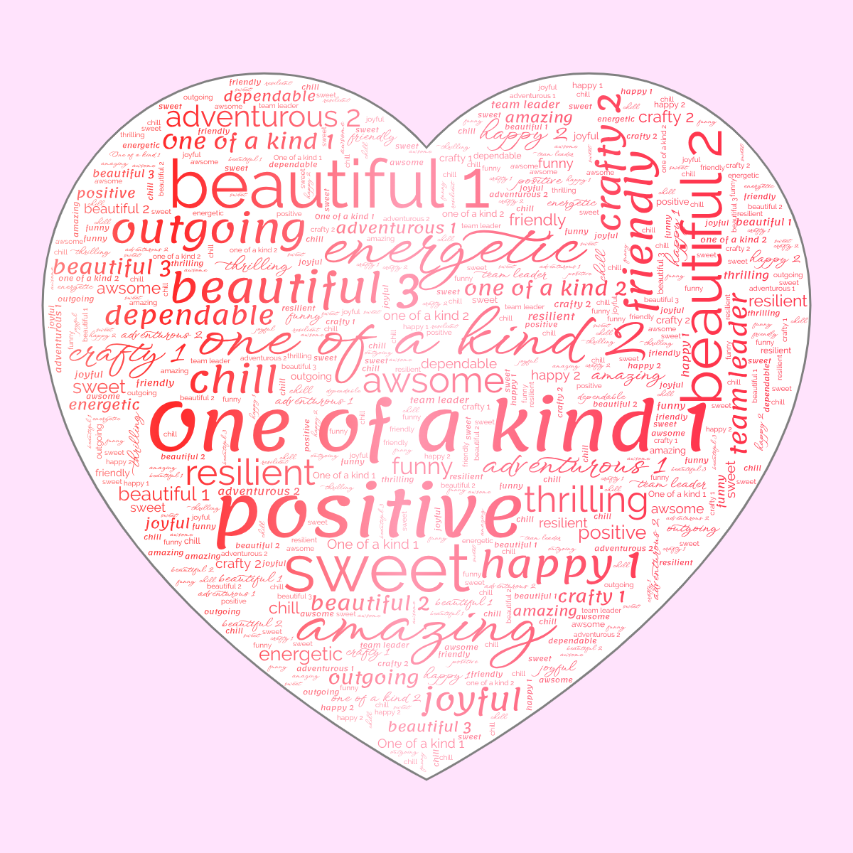 Word cloud in a Heart shape with 25 words like One of a kind 1, one of a kind 2 and positive in multicolor.