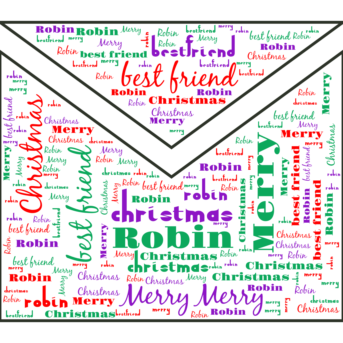 Word cloud in a Mail shape with 4 words like Christmas, Merry and Robin in multicolor.