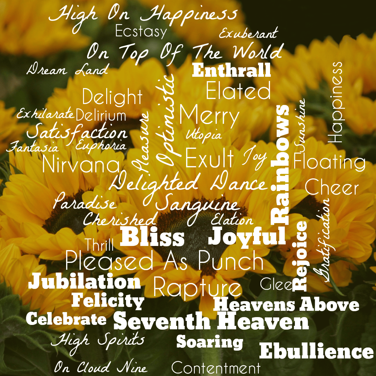 Word cloud with 51 words like Elation, Joy and Happiness in white.
