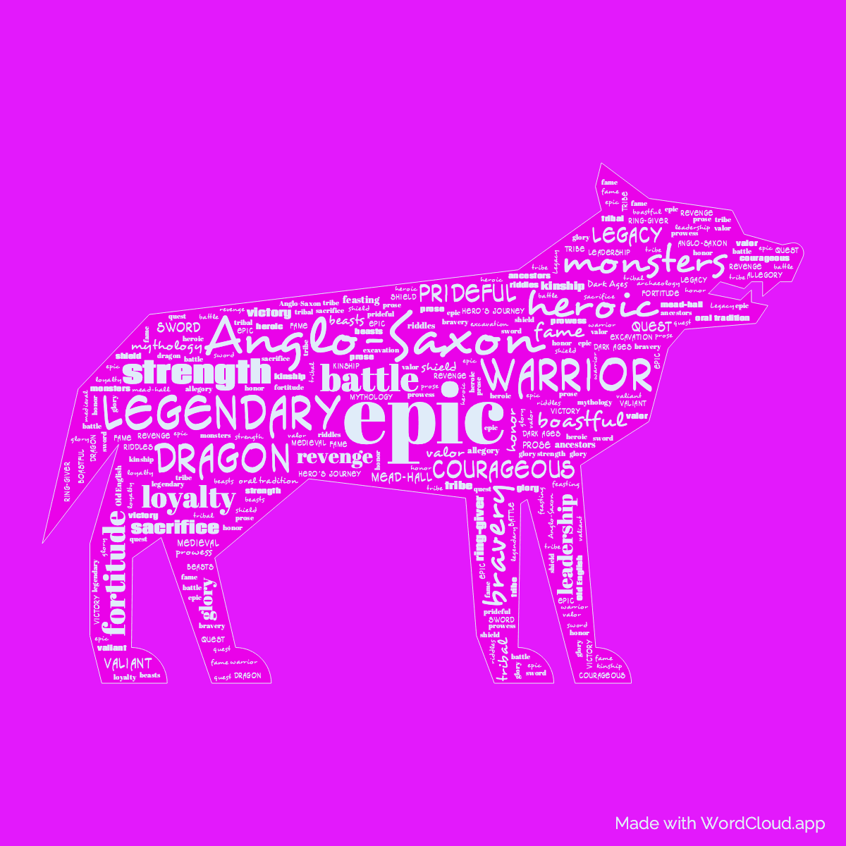 Word cloud of the book Beowulf- An Anglo-Saxon Epic Poem in a Wolf shape with 48 words like epic, Anglo-Saxon and legendary.