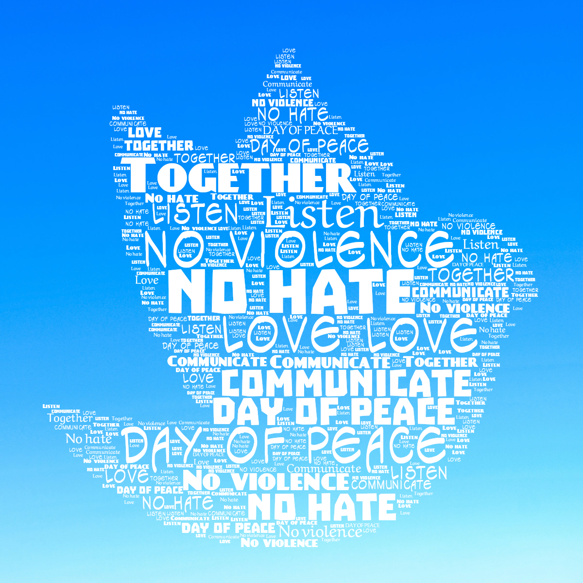 Word cloud in a Bird shape with 7 words like No hate, DAY OF PEACE and Love in white.