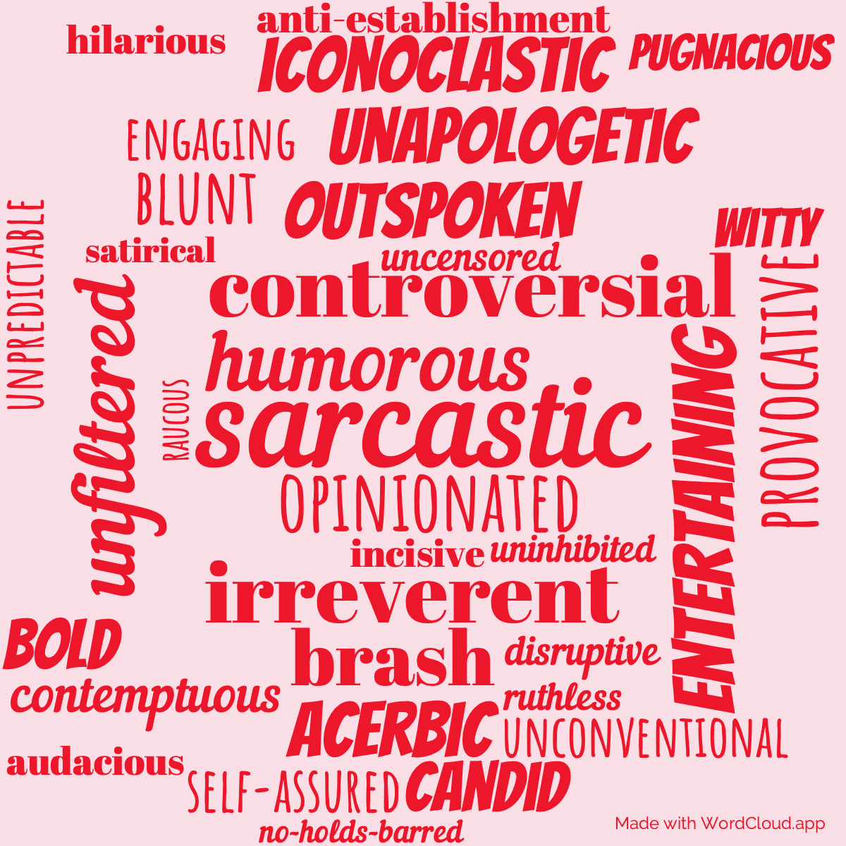Word cloud of the book The World According to Clarkson with 34 words like sarcastic, humorous and opinionated.
