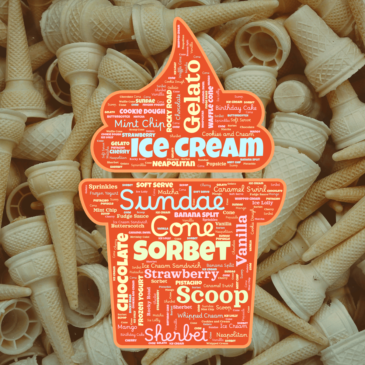 Word cloud in an Ice Cream shape with 32 words like Ice Cream, Sundae and Cone in multicolor.