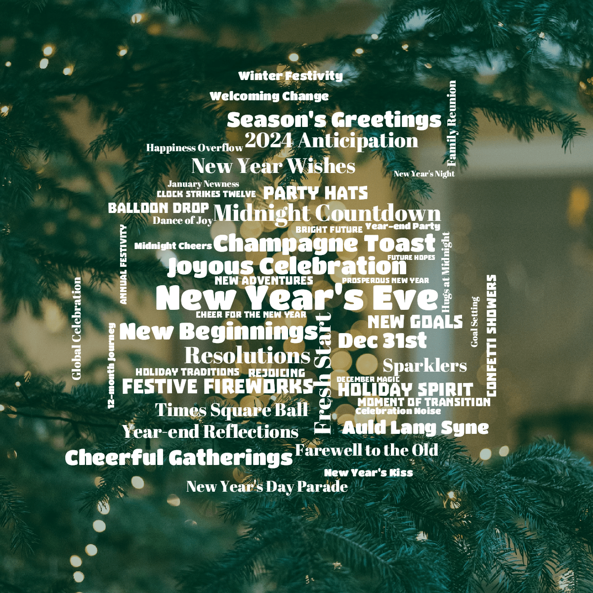 Word cloud with 50 words like New Year's Eve, Joyous Celebration and Fresh Start in white.