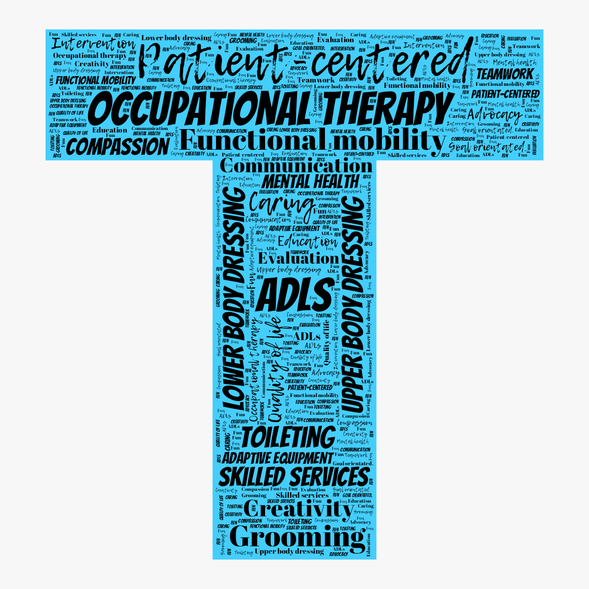 Word cloud in the shape of the letter T with 23 words like Occupational therapy, Patient-centered and ADLs in black and blue.