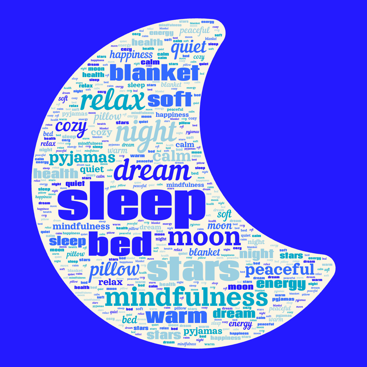Word cloud in a Moon shape with 20 words like sleep, dream and night in blue and orange.