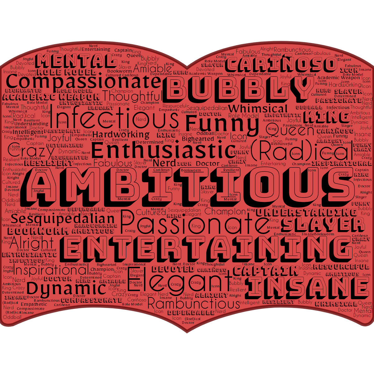 Word cloud in a Book shape with 47 words like Ambitious, Passionate and Enthusiastic in black, white and red.