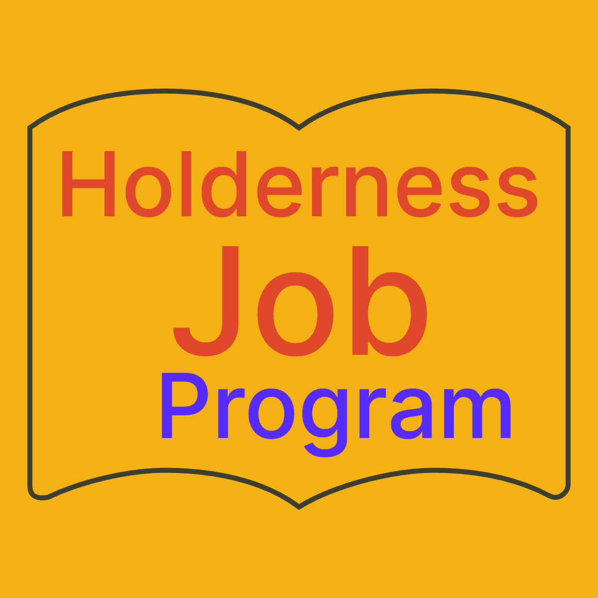 Word cloud in a Book shape with 3 words like Holderness, Job and Program in multicolor.