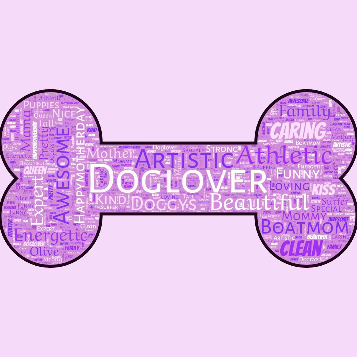 Word cloud in a Dog Bone shape with 29 words like Doglover, Artistic and Athletic in white and purple.