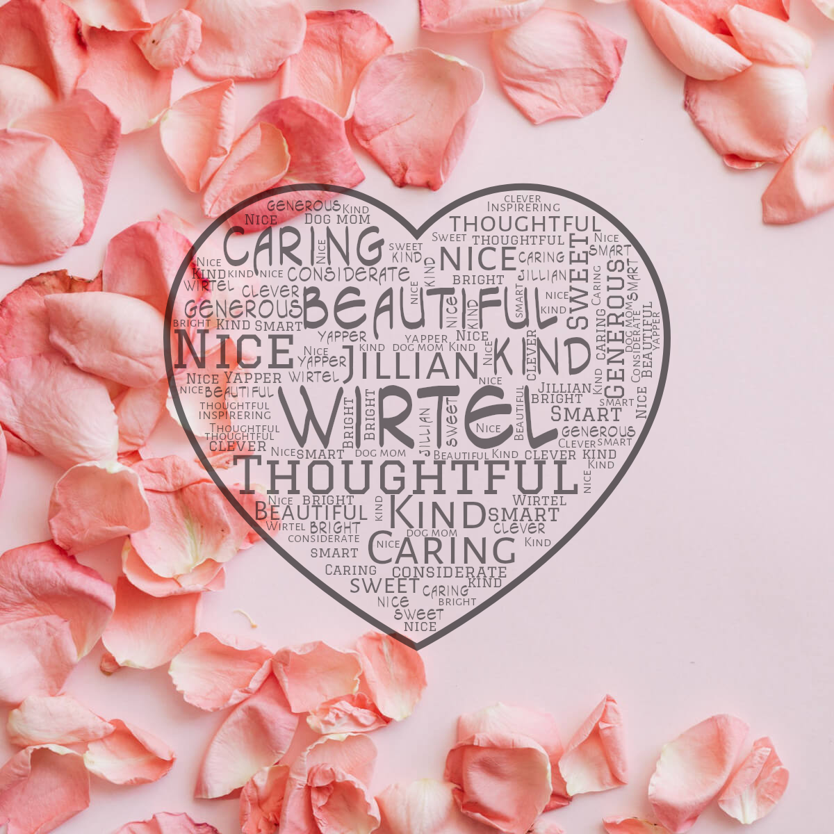Word cloud in a Heart shape with 30 words like Wirtel, Jillian and Thoughtful in black.