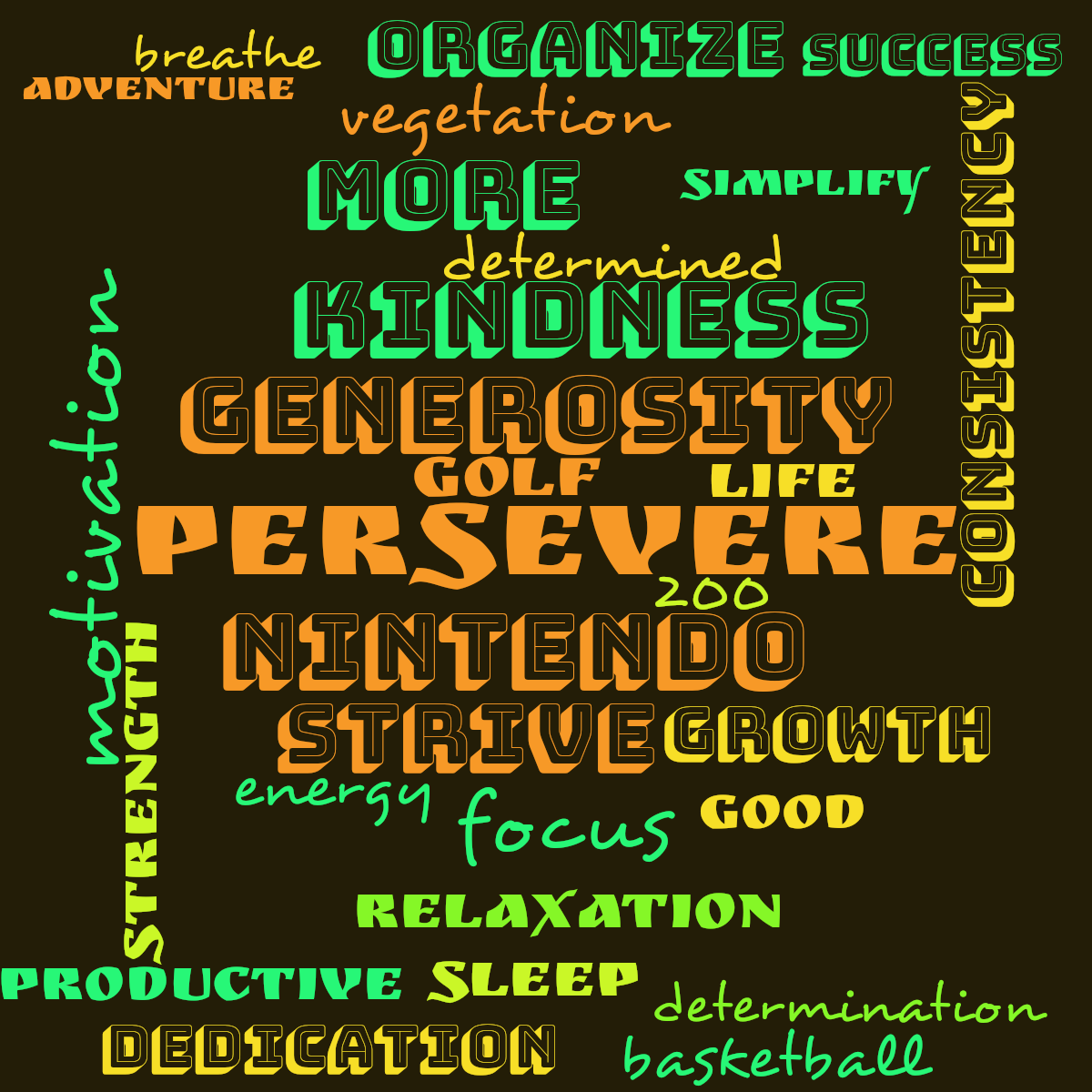Word cloud with 29 words like persevere, nintendo and motivation in orange, yellow and green.
