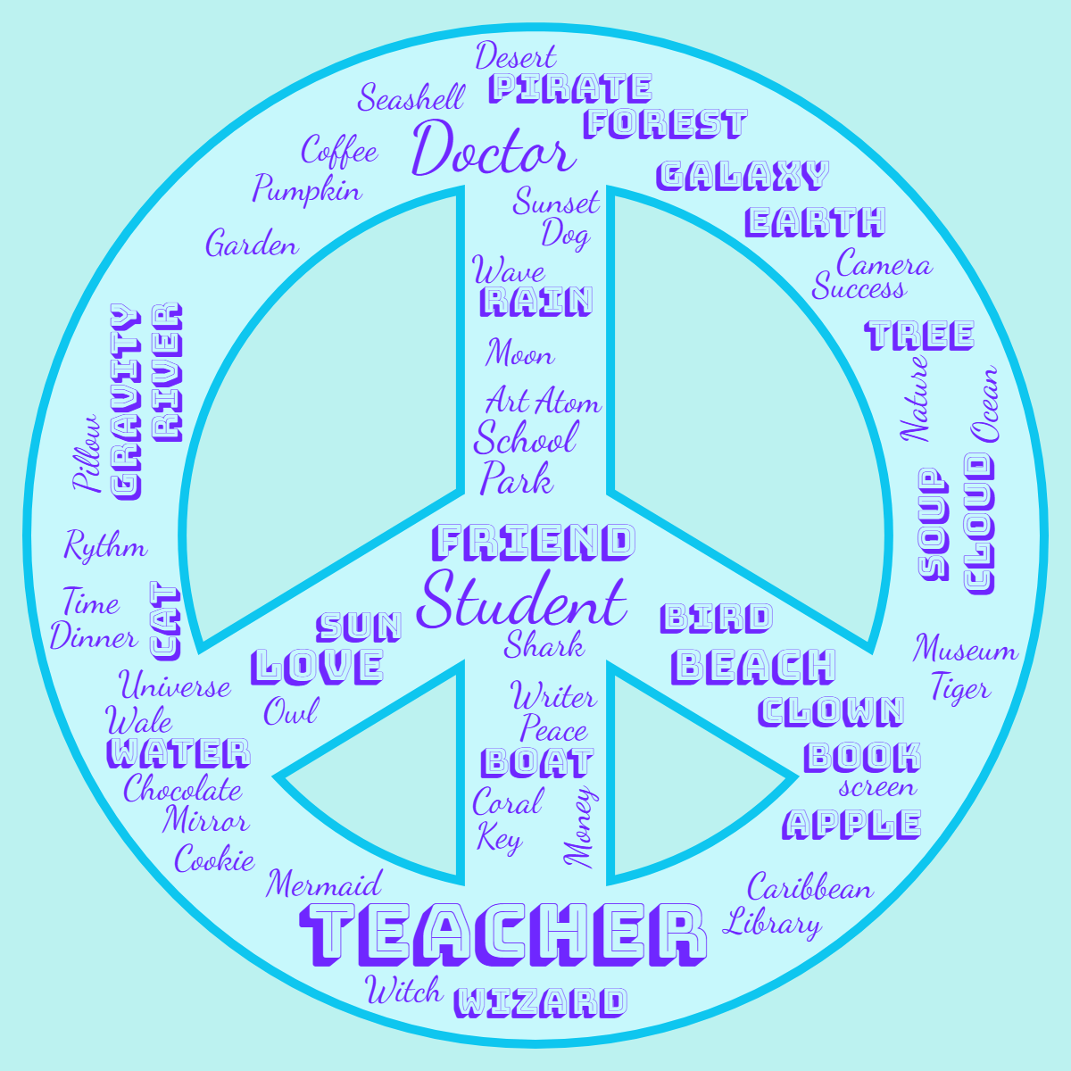 Word cloud in a Peace shape with 81 words like Teacher, Student and Doctor in purple and blue.