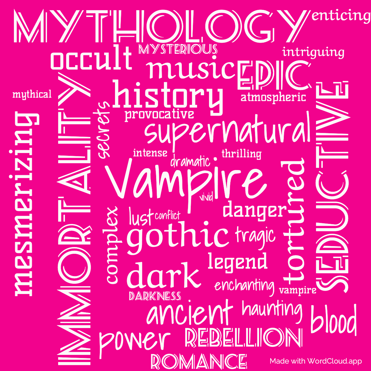 Word cloud of the book Queen of the Damned with 39 words like Vampire, supernatural and gothic.