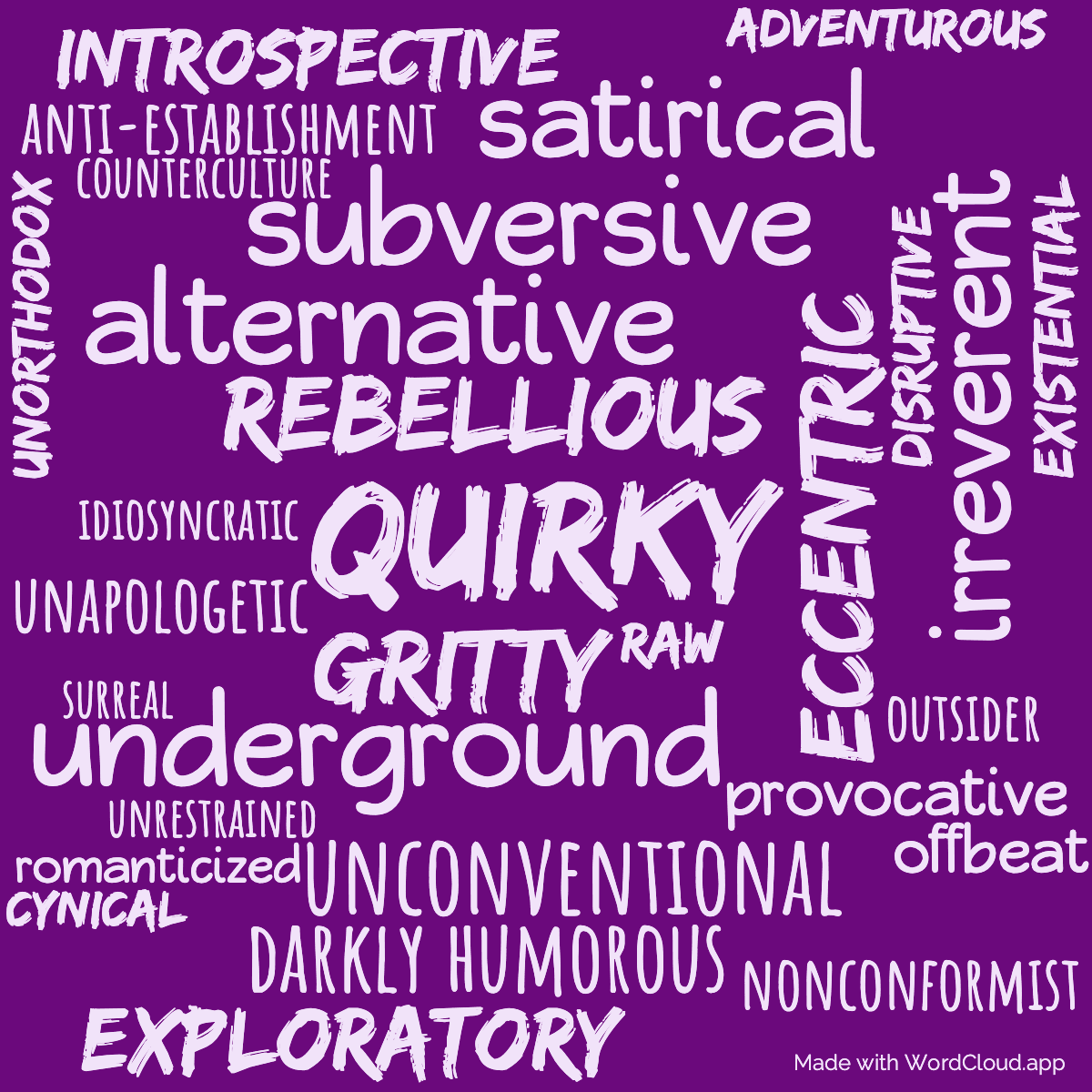 Word cloud of the book Fugitives Refugees with 30 words like quirky, rebellious and underground.
