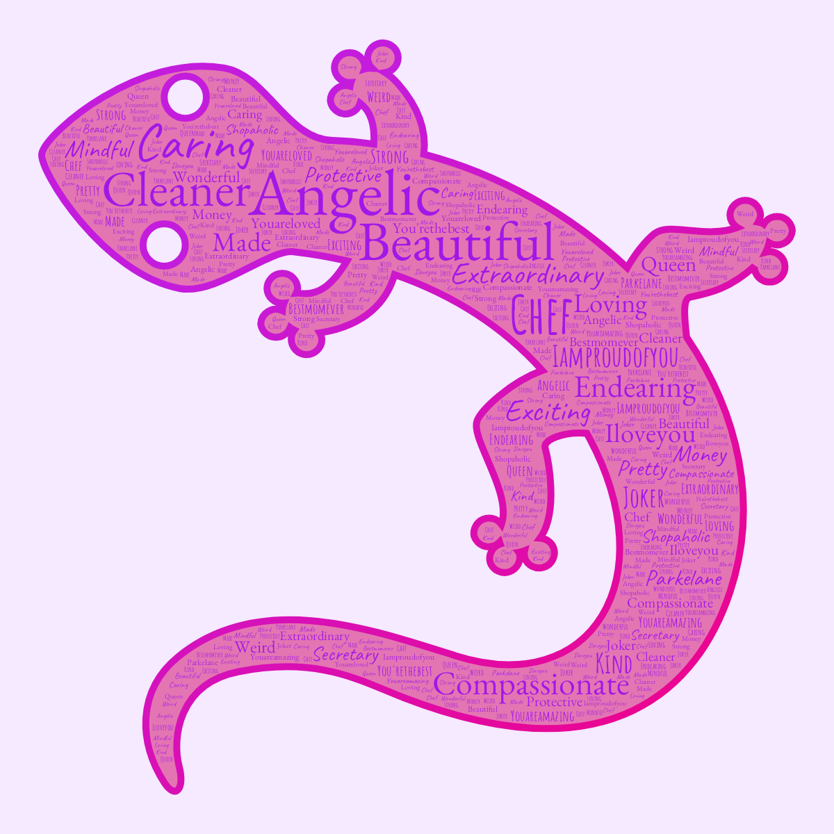 Word cloud in a Lizard shape with 30 words like Angelic, Beautiful and Caring in purple and pink.