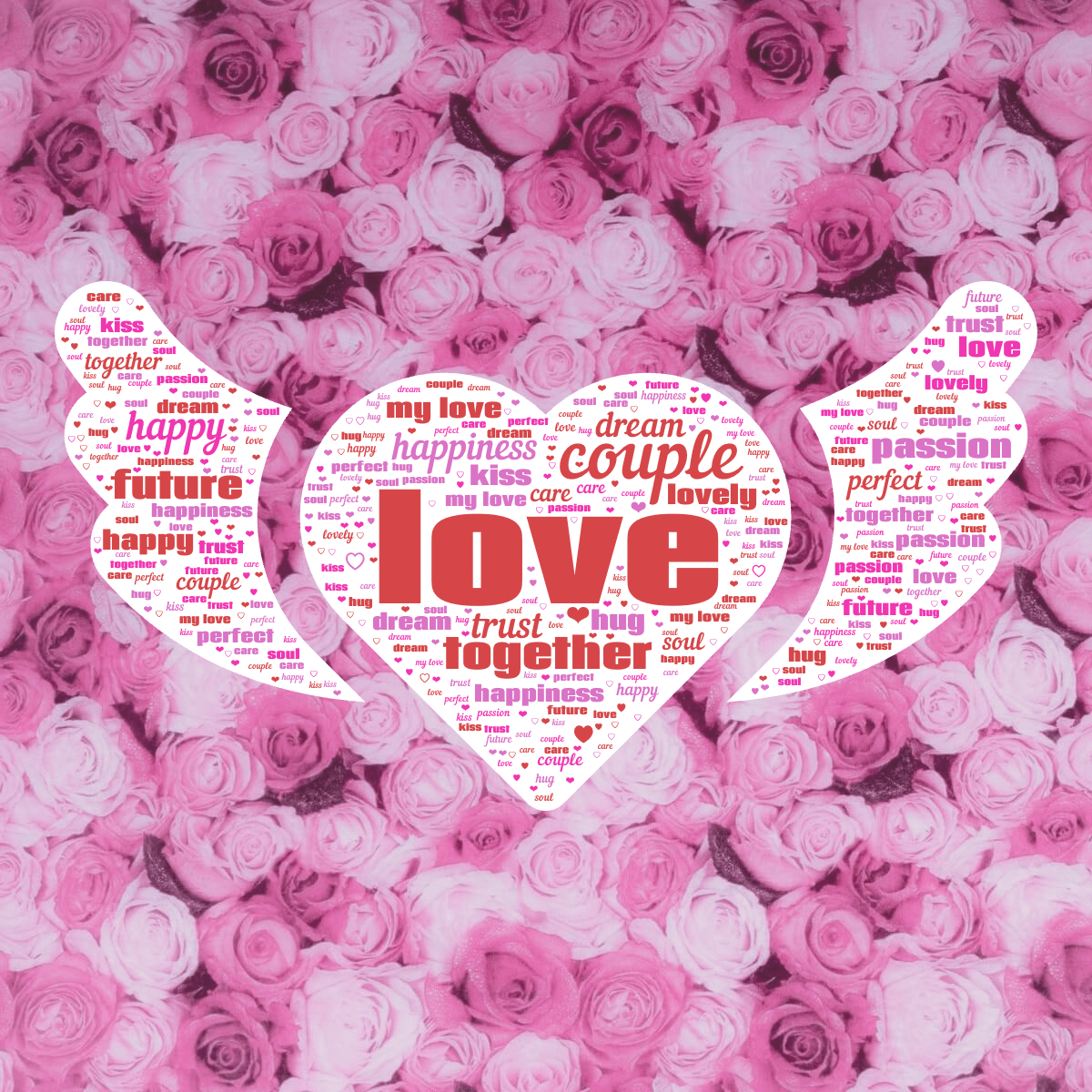 Word cloud in a Heart Wings shape with 19 words like love, couple and together in multicolor.