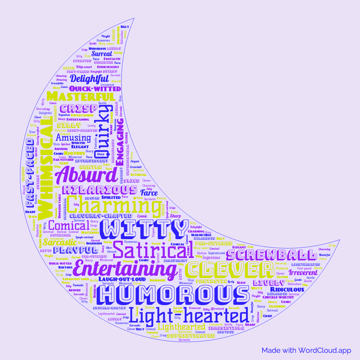 Word cloud of the book Full Moon in a Moon shape with 47 words like Humorous, Witty and Satirical.