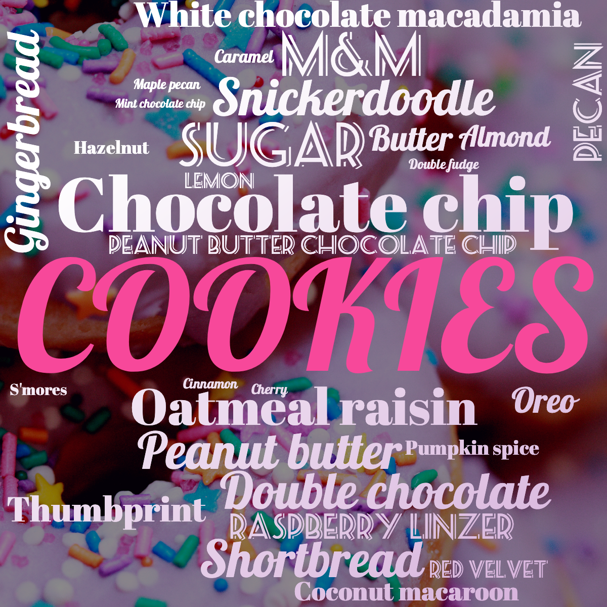 Word cloud with 29 words like Chocolate chip, Oatmeal raisin and Sugar in white and purple.
