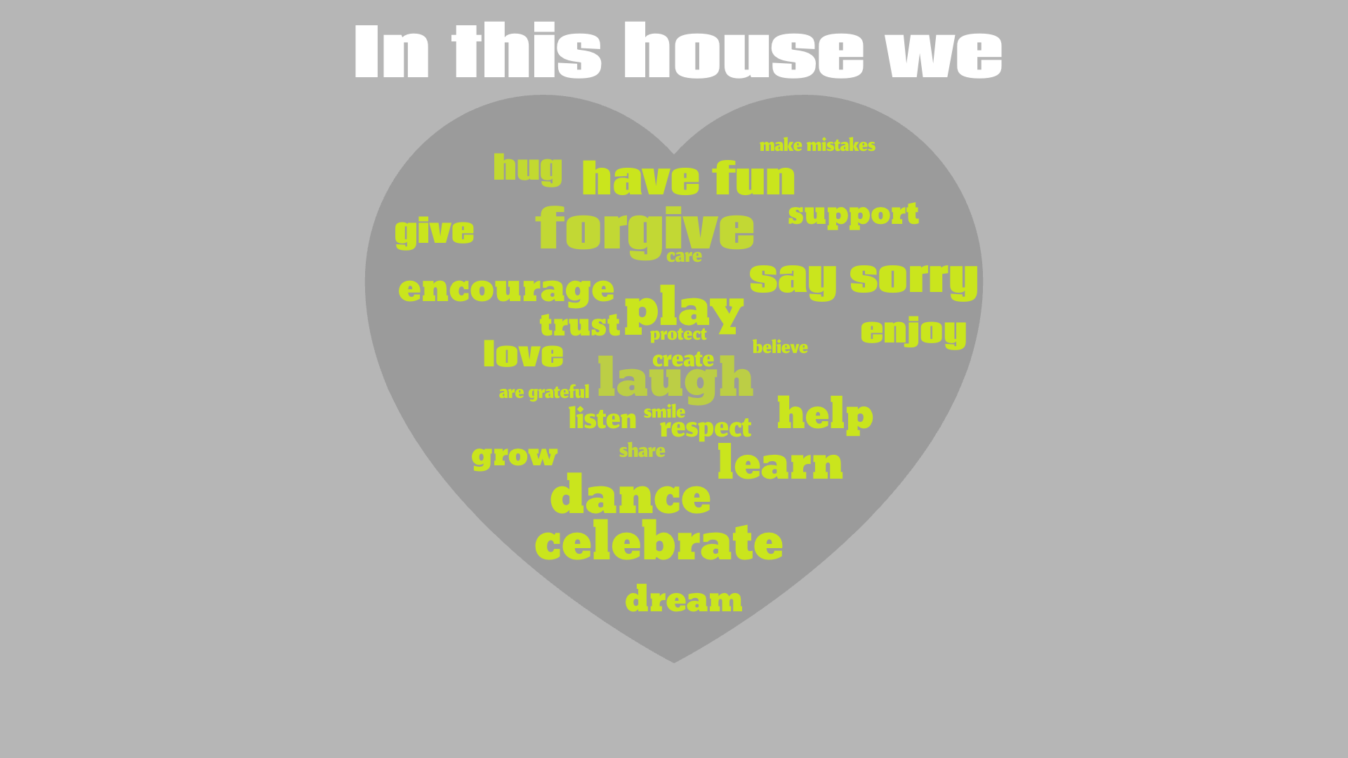 Word cloud in a Heart shape with 28 words like respect, laugh and love in green and gray.
