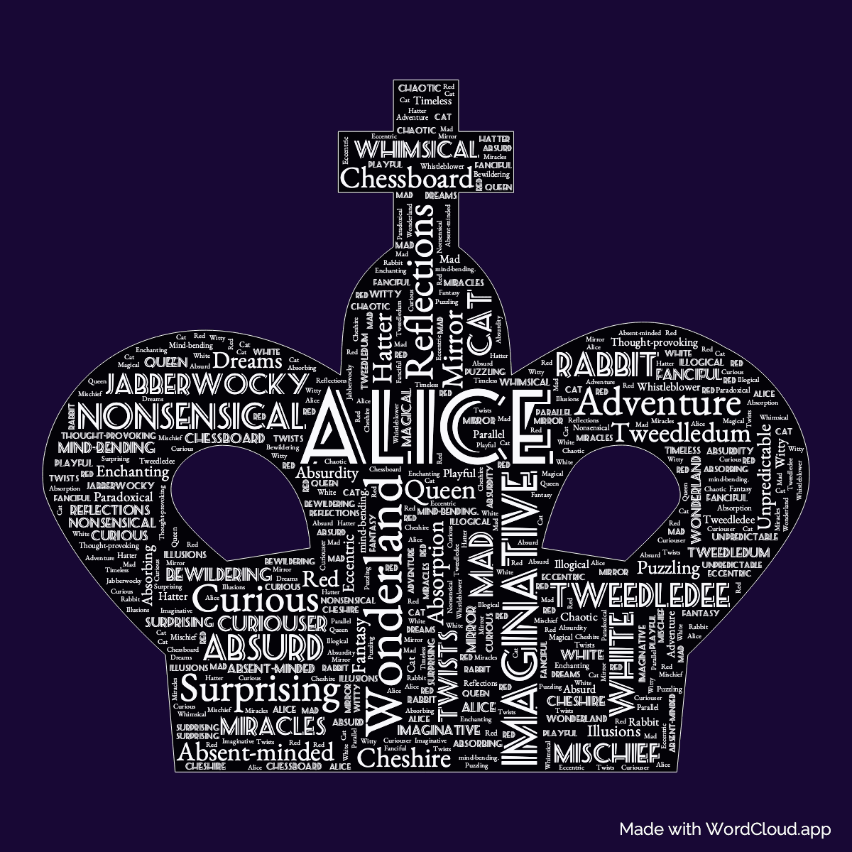 Word cloud of the book Through the Looking-Glass, And What Alice Found There in a Chess King shape with 52 words like Alice, Wonderland and Imaginative.