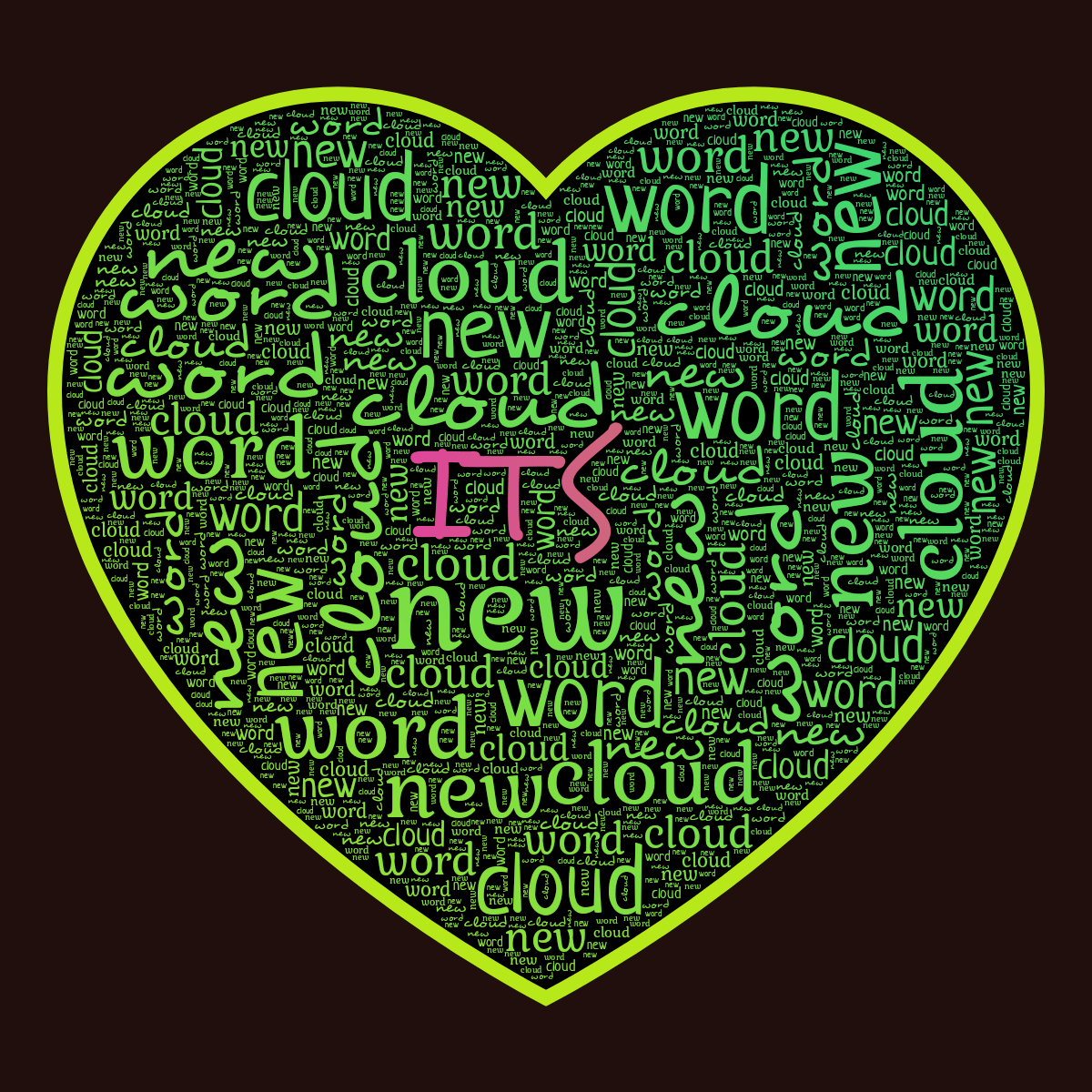 Word cloud in a Heart shape with 3 repeated words like new, word and cloud in green, red and black.