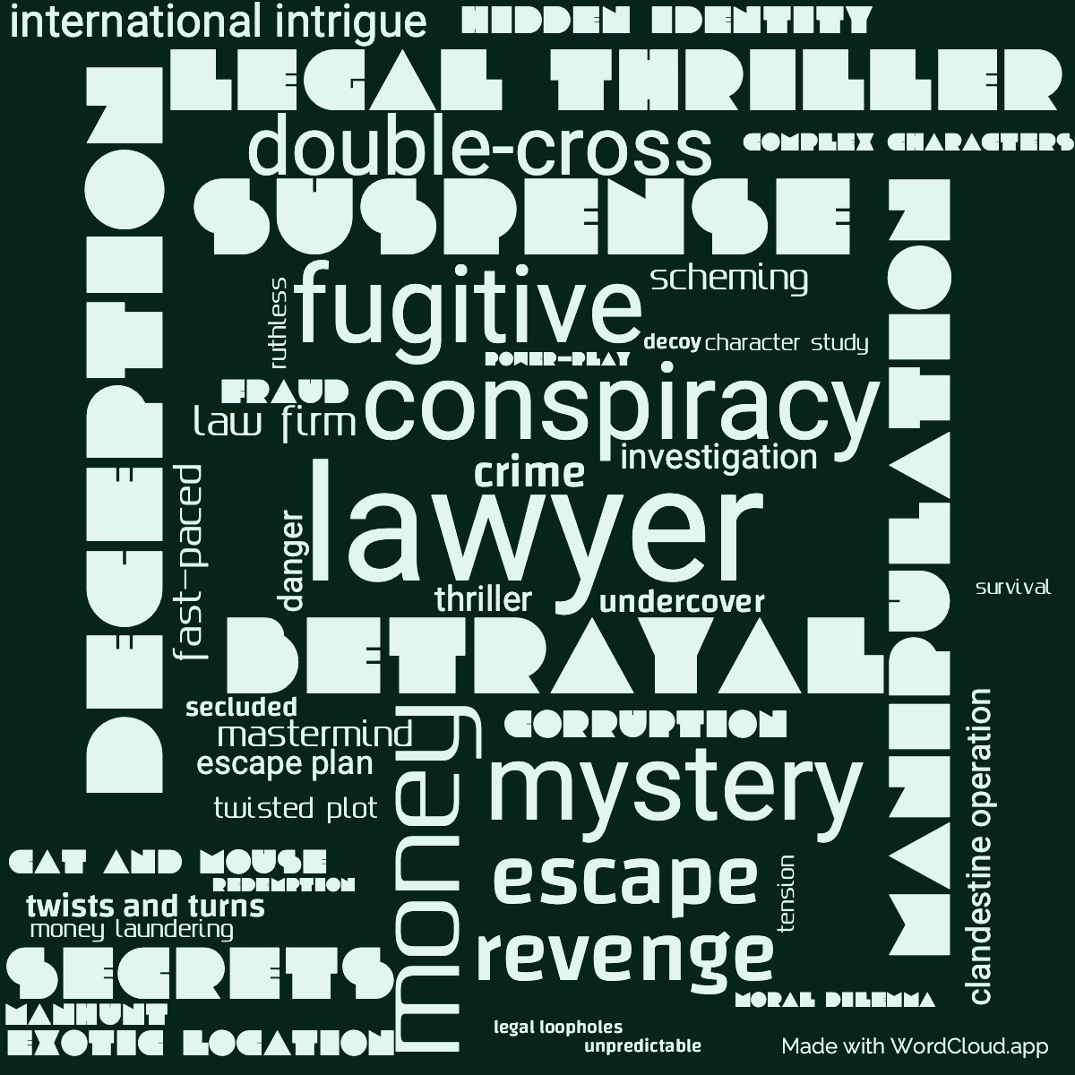 Word cloud of the book The Partner with 47 words like lawyer, betrayal and conspiracy.
