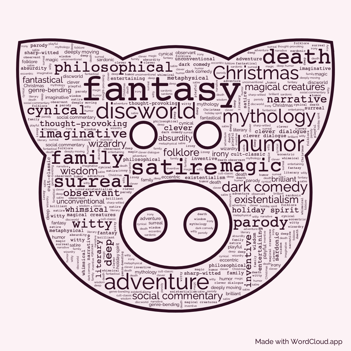 Word cloud of the book Hogfather in a Pig shape with 47 words like fantasy, humor and satire.