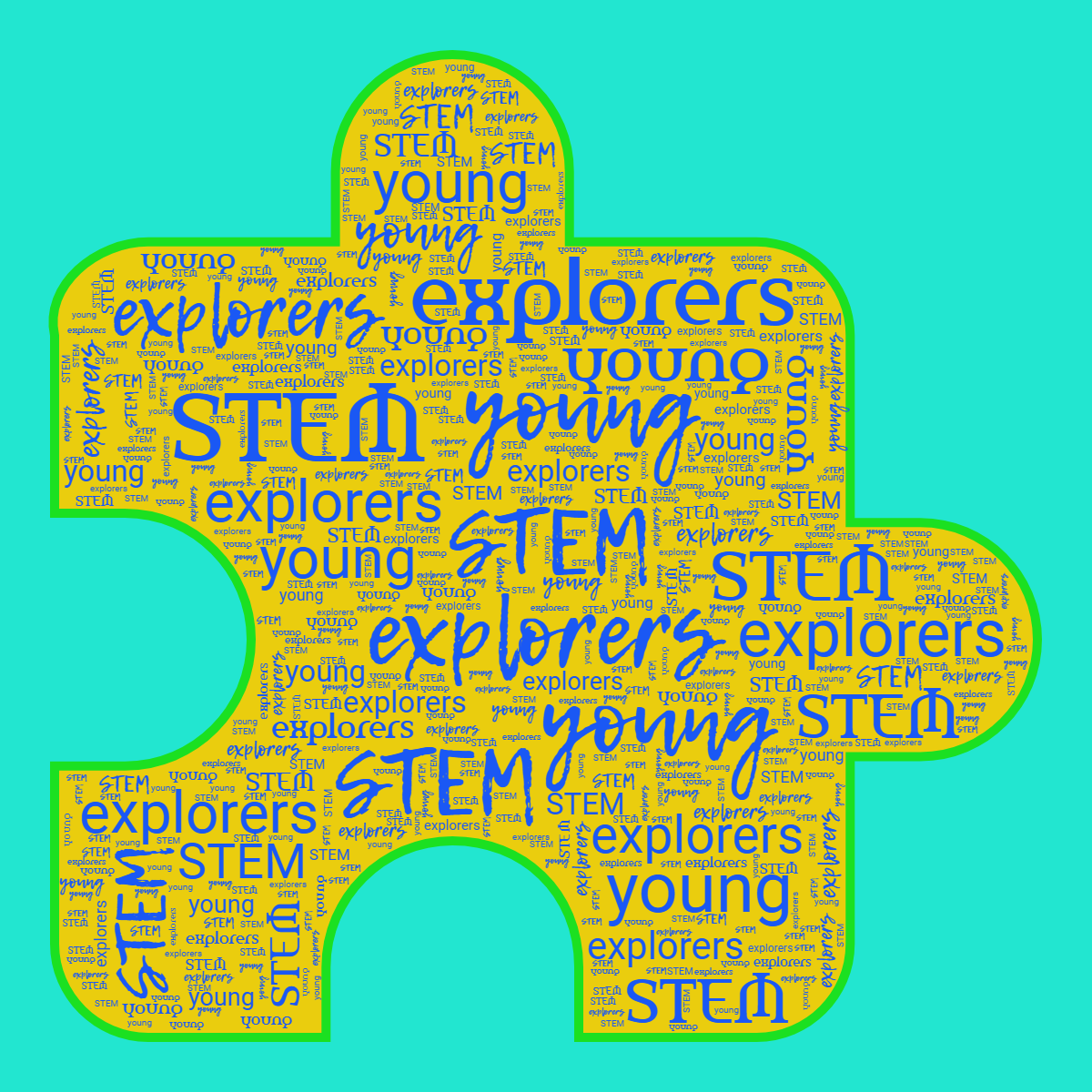 Word cloud in a Puzzle shape with 3 repeated words like young, explorers and STEM in bright blue, yellow and green.