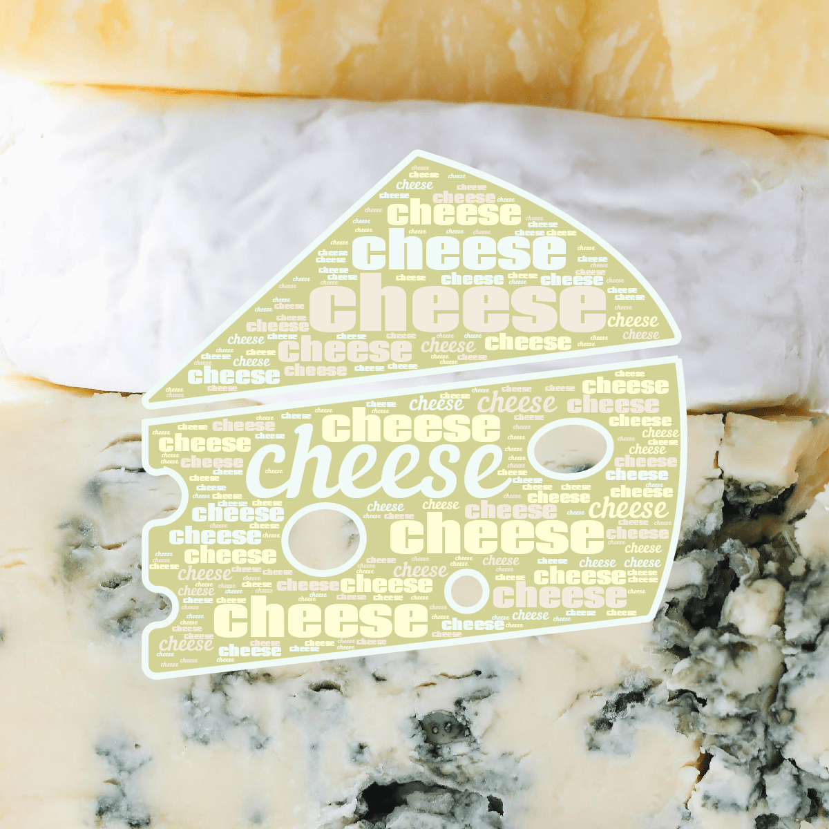 Word cloud in a Cheese shape with 1 repeated word cheese in pastel.