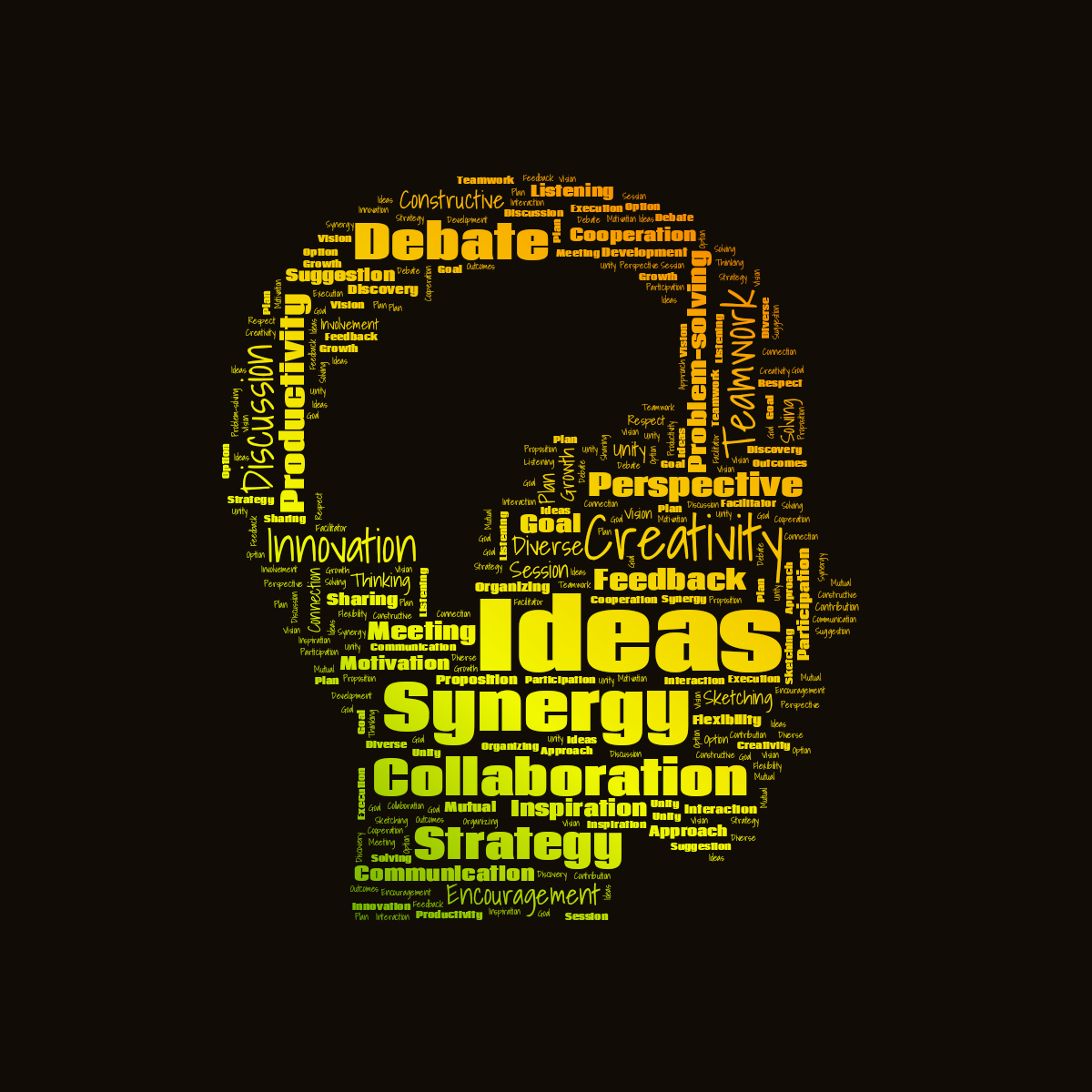 Word cloud in a Brain Head shape with 50 words like Ideas, Creativity and Synergy in multicolor.