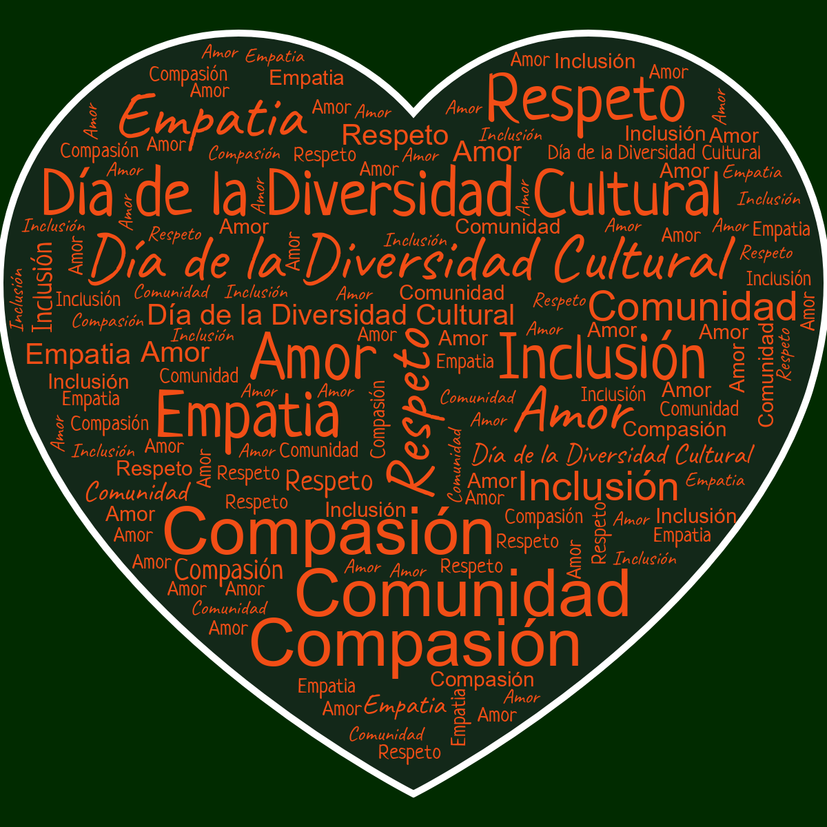 Word cloud in a Heart shape with 7 words like Día de la Diversidad Cultural, Respeto and Empatia in red, green and white.