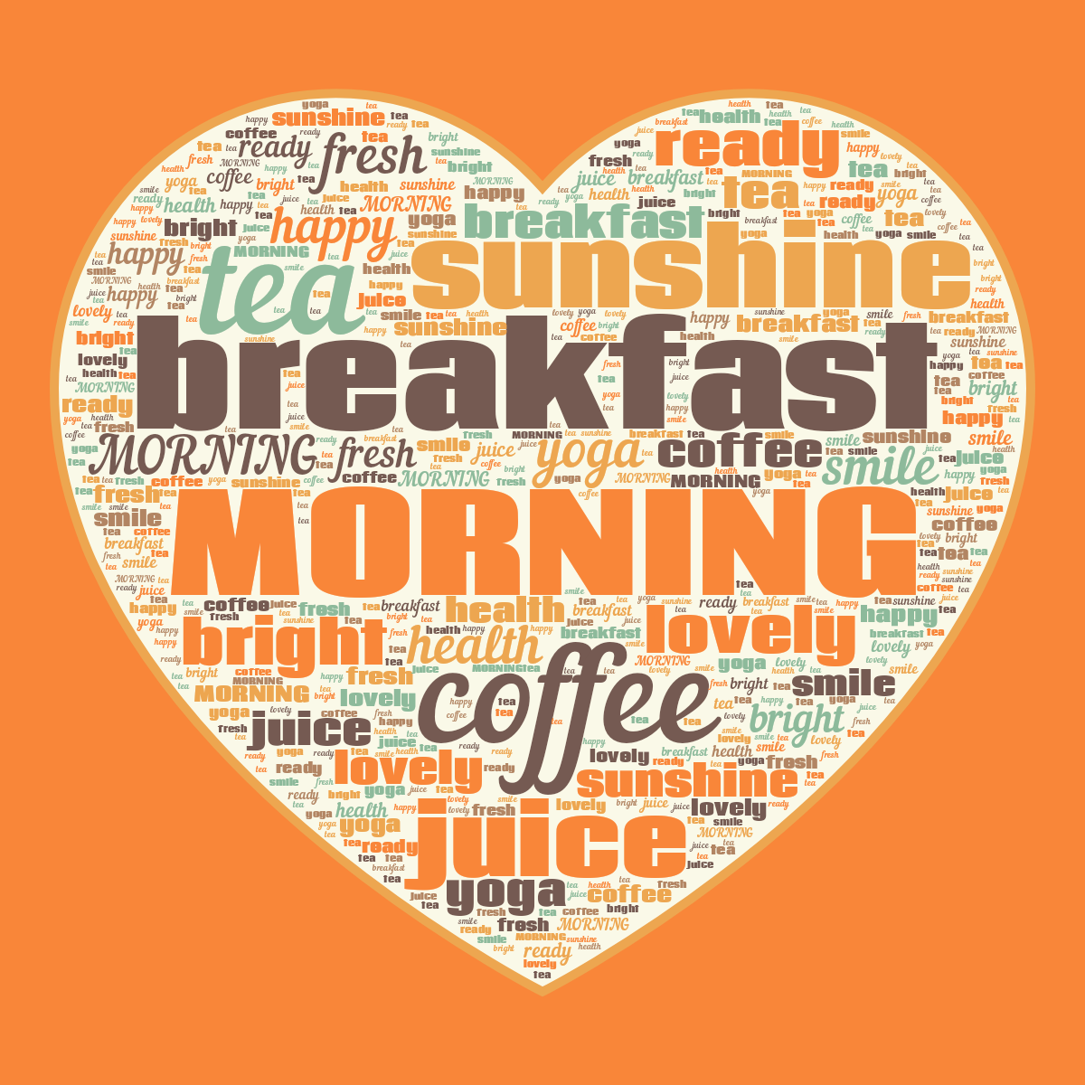 Word cloud in a Heart shape with 14 words like MORNING, breakfast and coffee in multicolor.