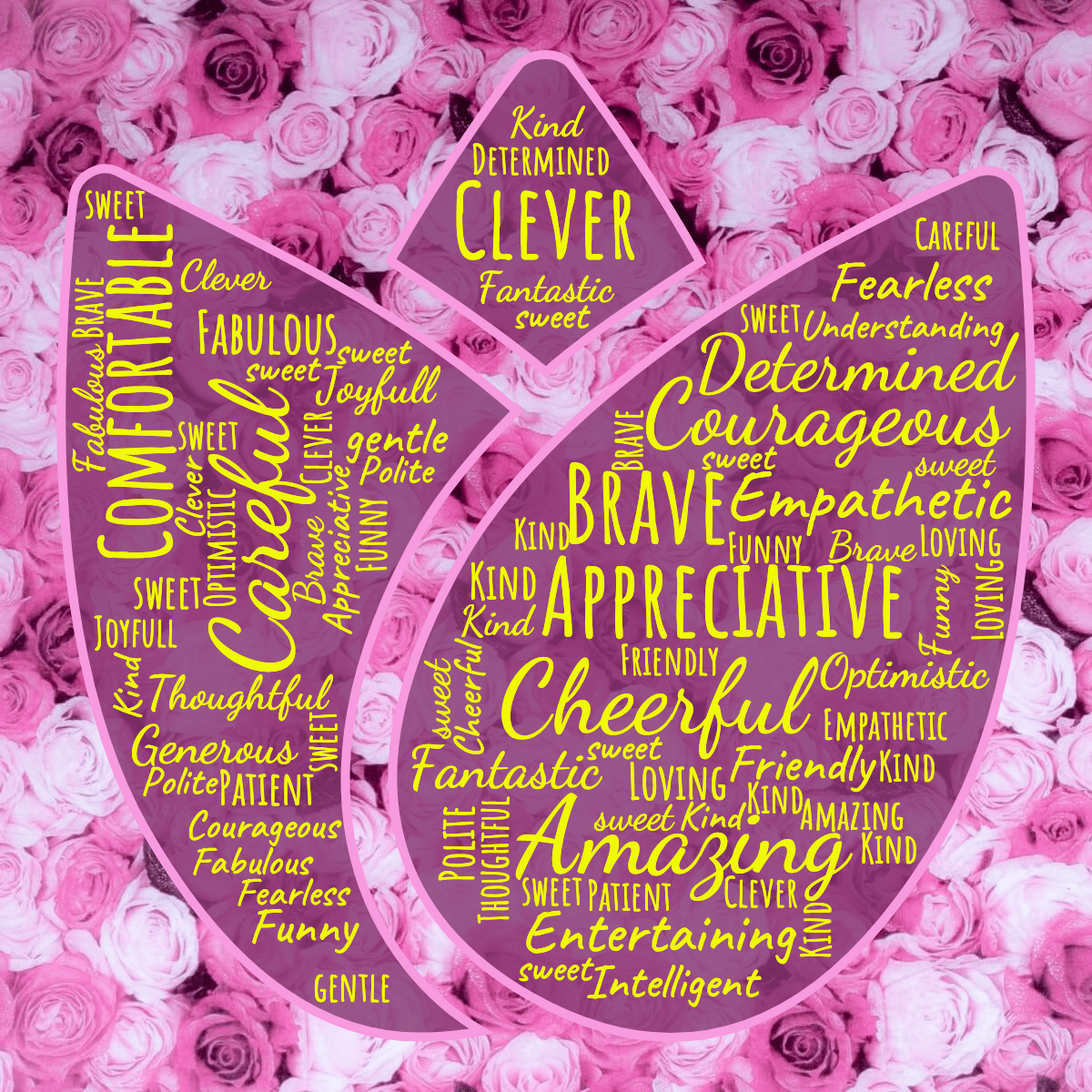 Word cloud in a Tulip shape with 29 words like Amazing, Appreciative and Brave in yellow and purple.