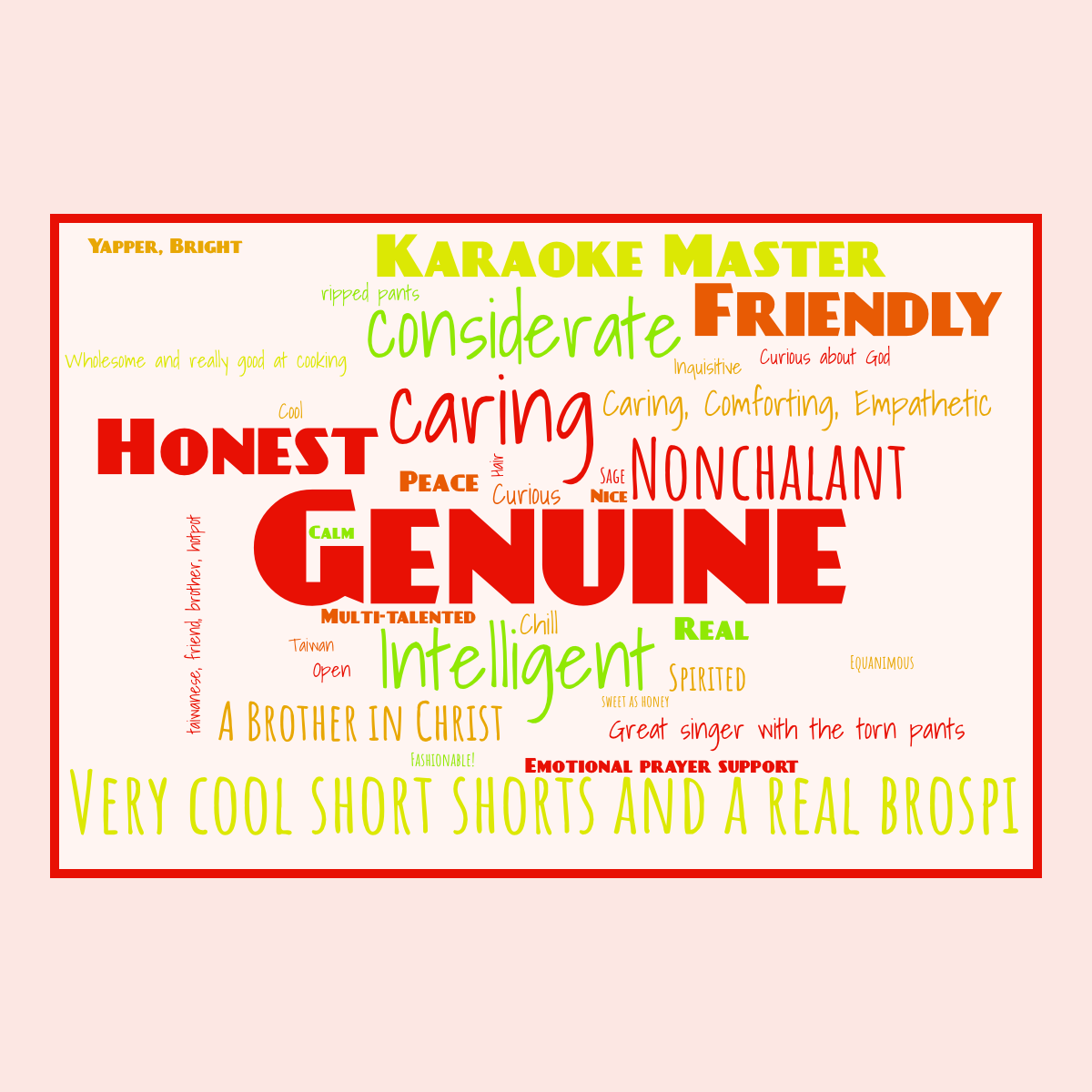 Word cloud in a Horizontal Rectangle shape with 35 words like Genuine, caring and Very cool short shorts and a r in multicolor.