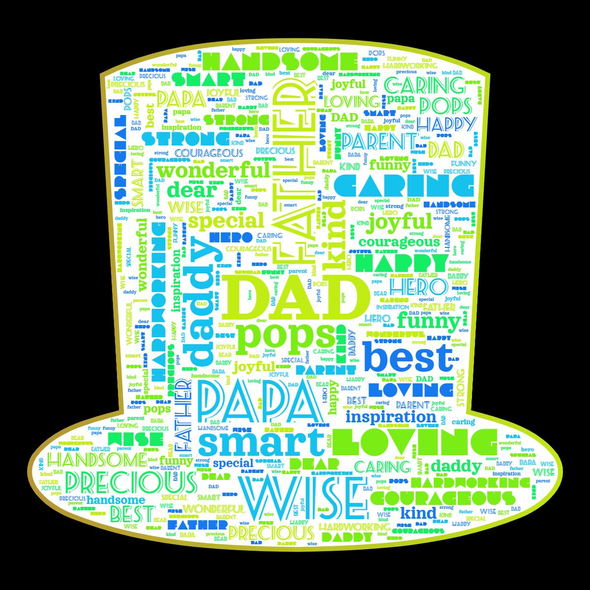 Word cloud in a Tall Hat shape with 25 words like DAD, father and daddy in multicolor.