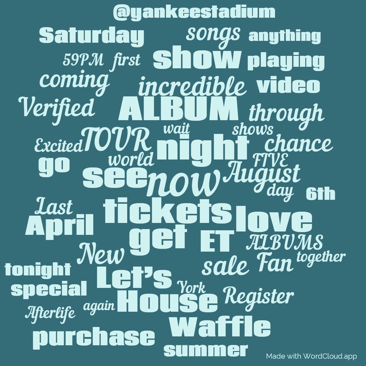 Word cloud with 50 words like now, night and tickets in blue.