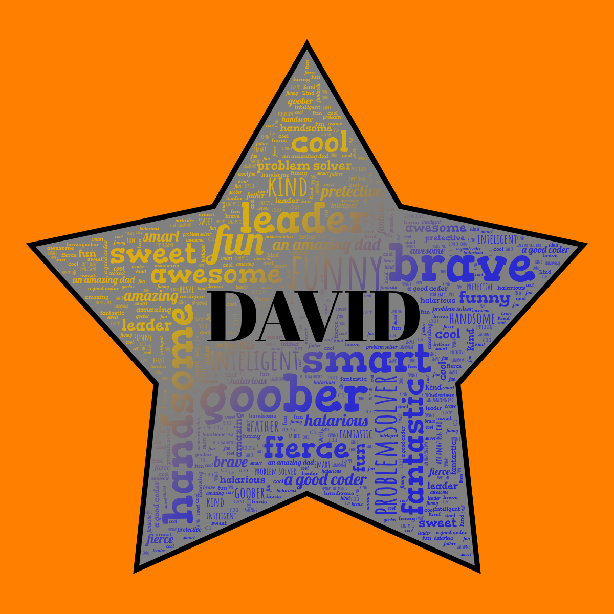 Word cloud in a Star shape with 21 words like brave, cool and awesome in multicolor.