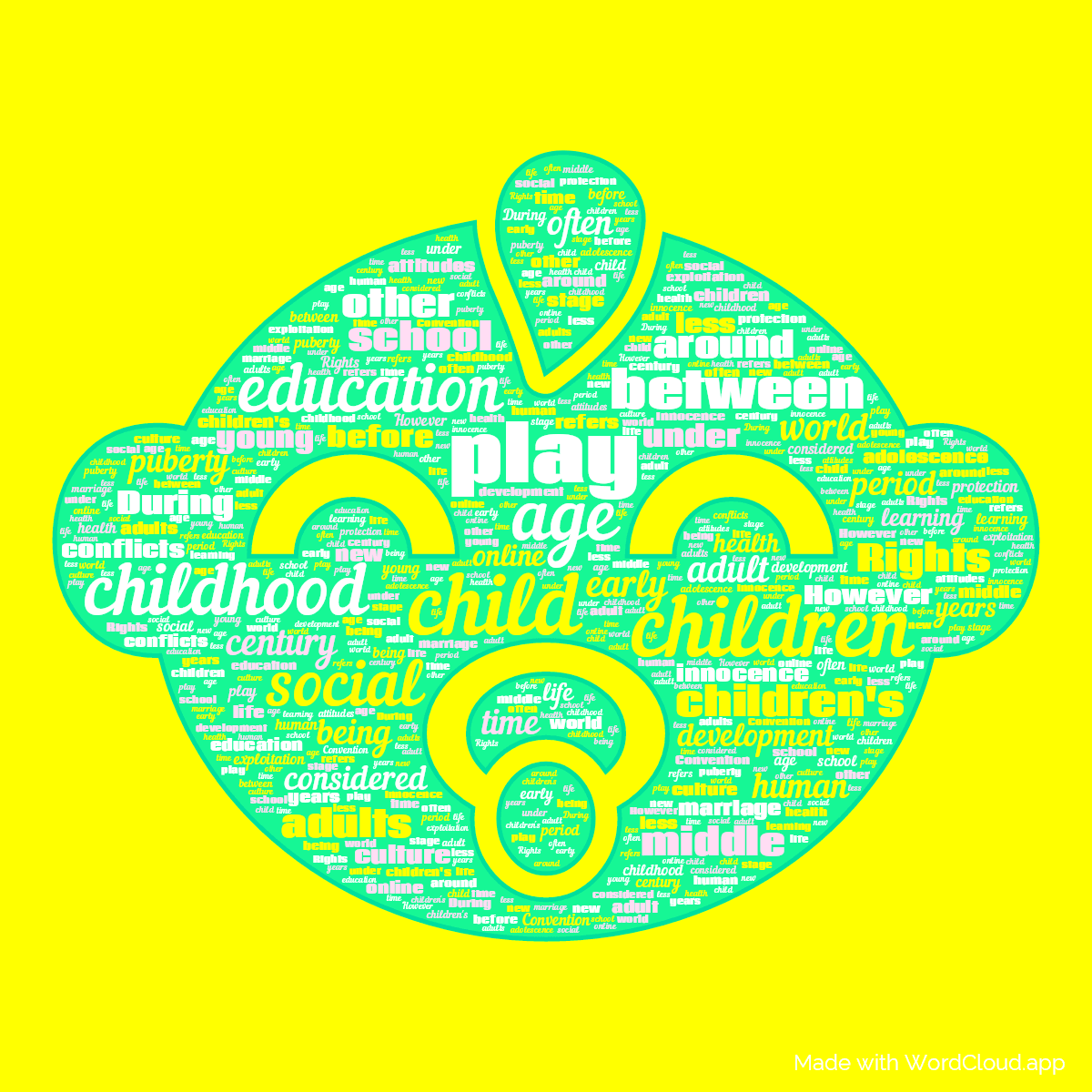 Word cloud in a Baby Face shape with 50 words like children, child and childhood in multicolor.