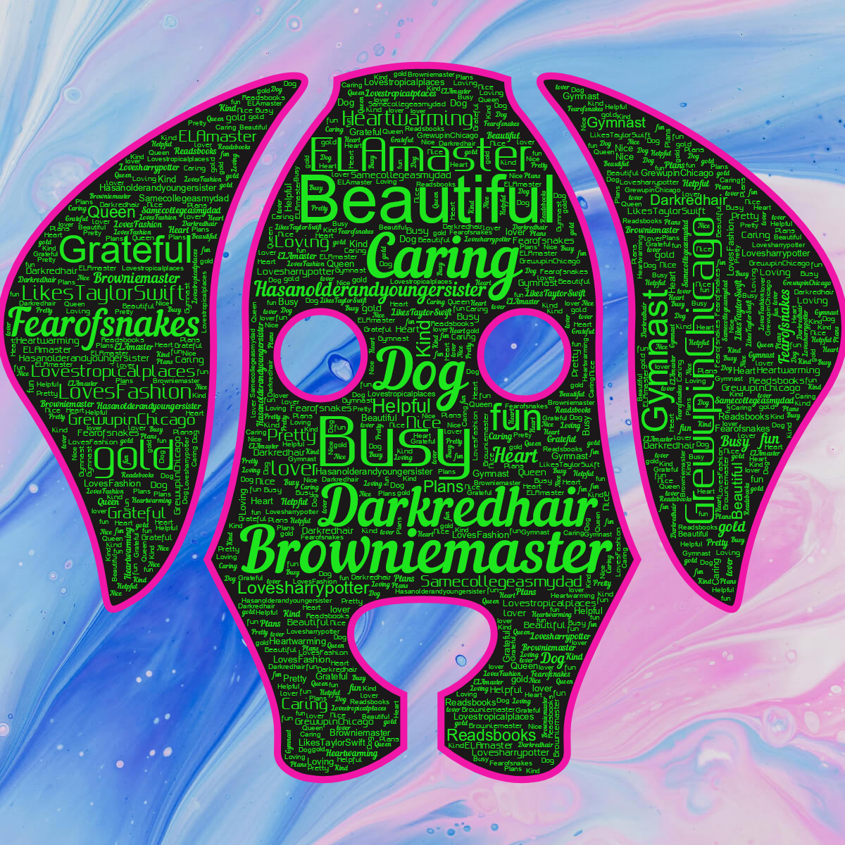 Word cloud in a Dog Face shape with 30 words like Beautiful, Browniemaster and Busy in green, gray and pink.